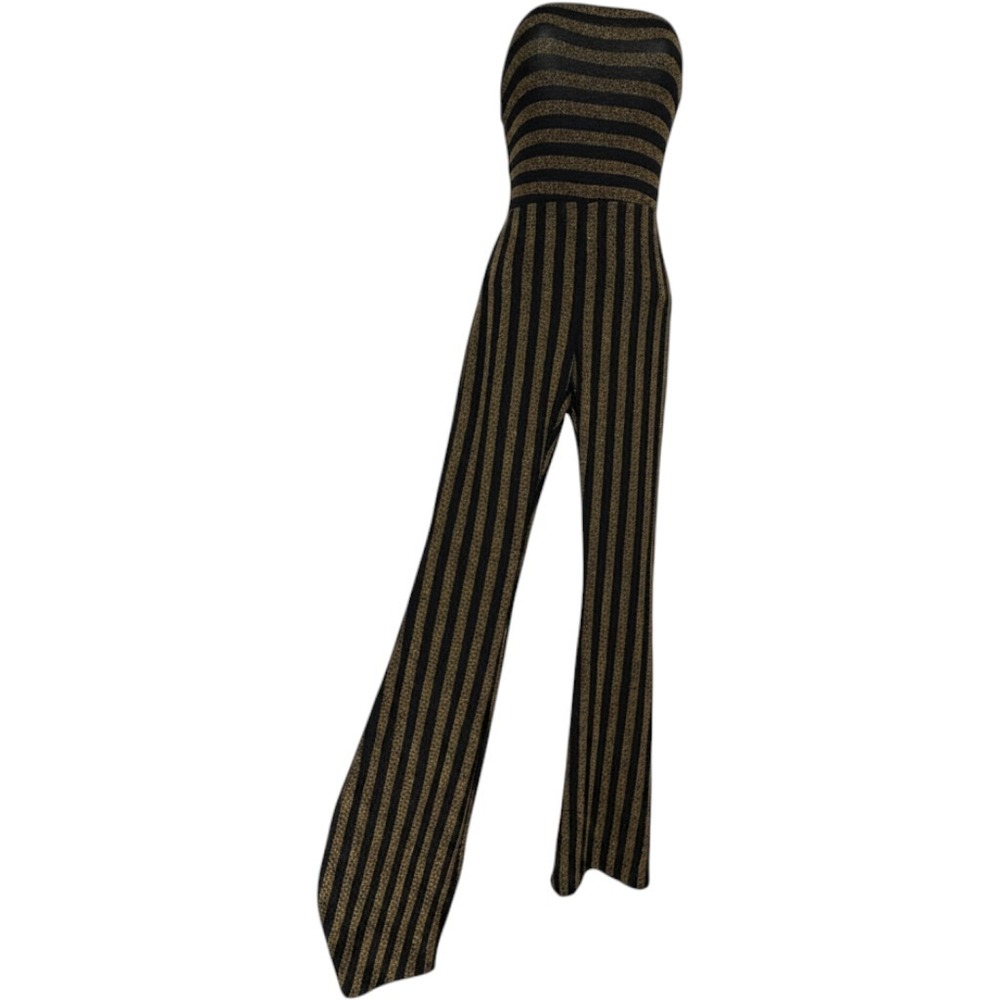 Womens Gold Black Metallic Striped Strapless Wide Leg Jumpsuit S Retro Disco 70s